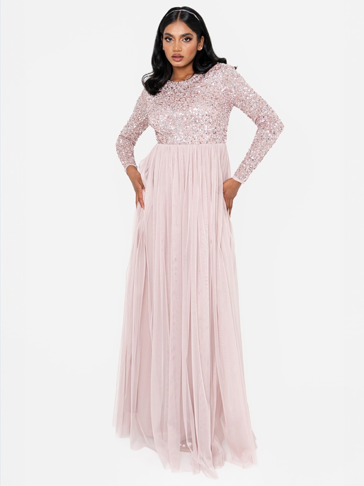 Maya Frosted Pink Embellished Long Sleeve Maxi Dress