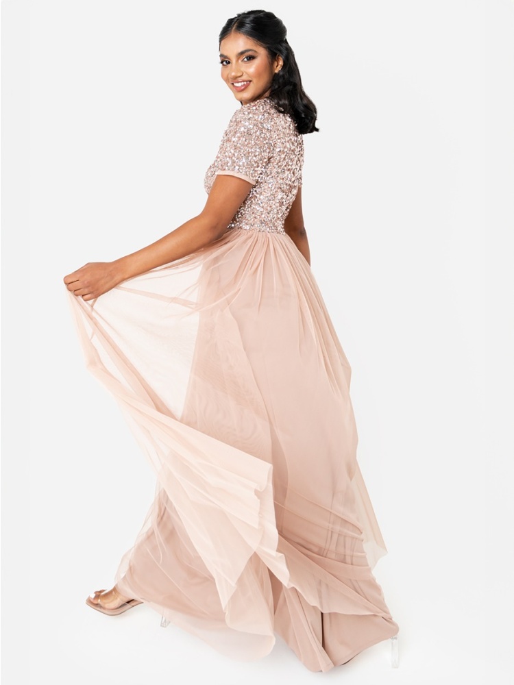 Maya Taupe Blush V Neckline Embellished Maxi Dress