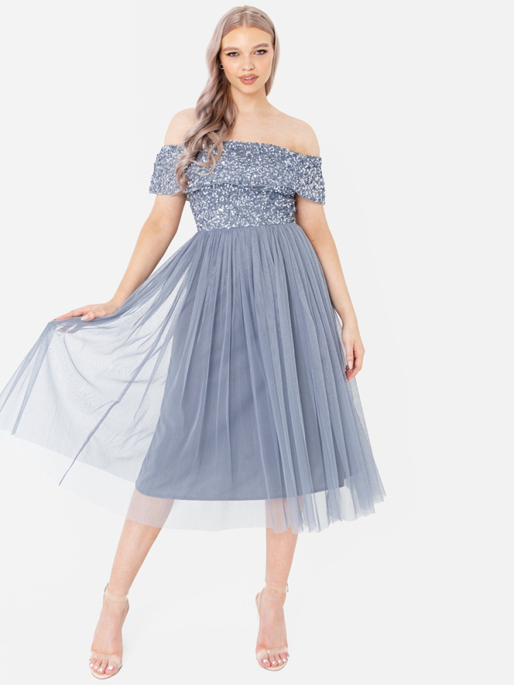Maya Dusty Blue Bardot Embellished Midi Dress