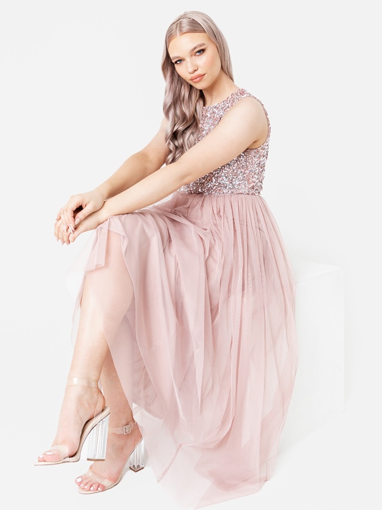 Maya Frosted Pink Embellished  Midaxi Dress