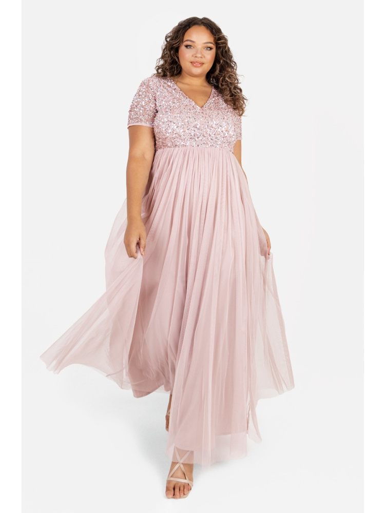Maya Curve Frosted Pink V Neckline Embellished Maxi Dress