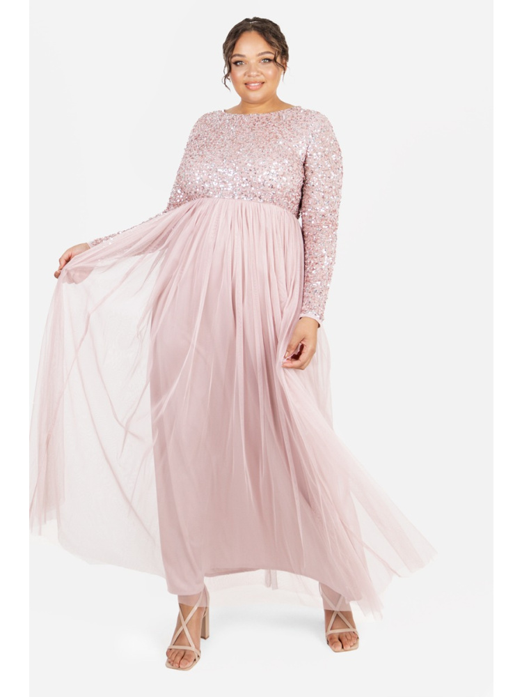 Maya Curve Frosted Pink Embellished Long Sleeve Maxi Dress