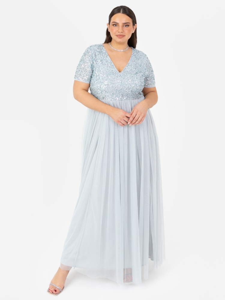 Maya Pale Blue V Neckline Embellished Maxi Dress 