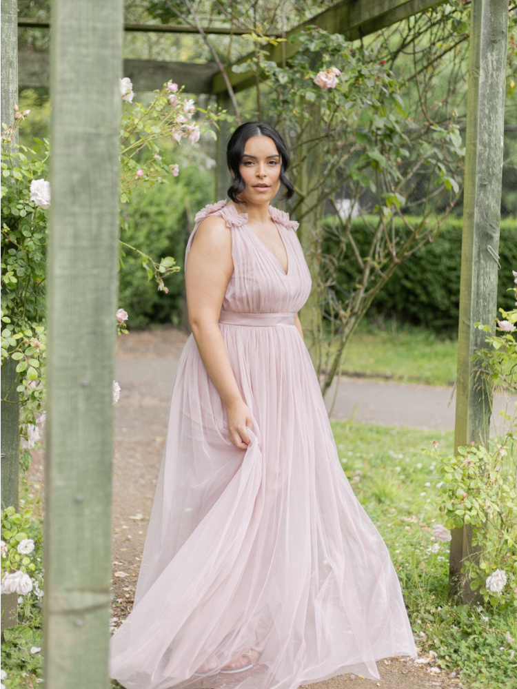 Maya Curve Frosted Pink Maxi Dress With Ruffle Shoulder Detail 