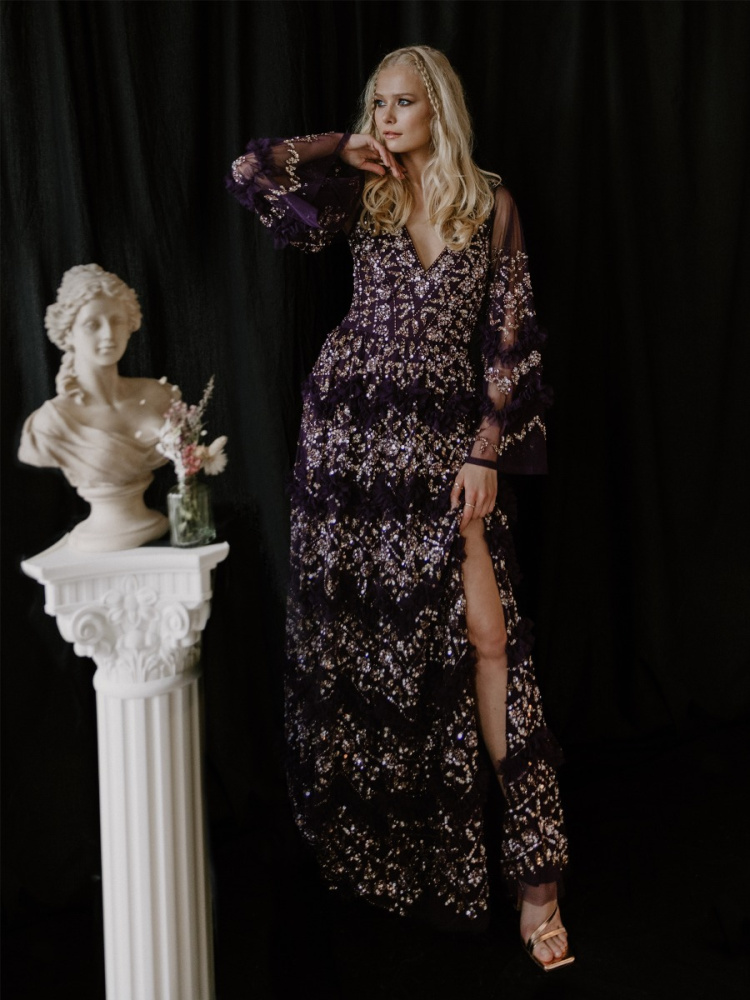 Maya Purple Fully Embellished Maxi Dress With Frill Detail