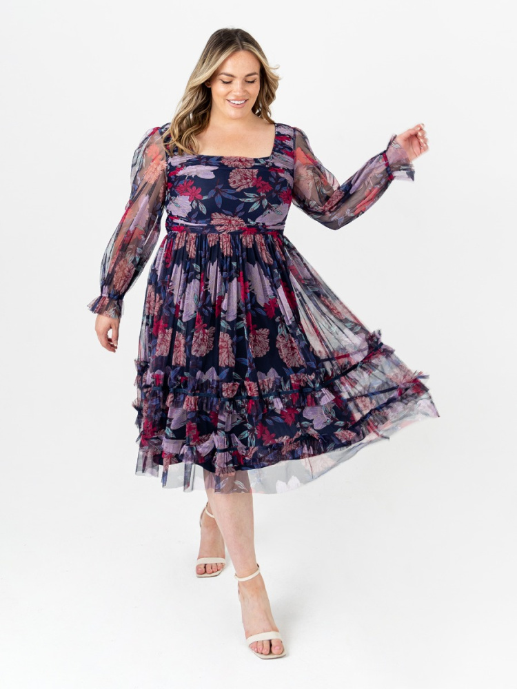 Anaya With Love Curve Recycled Navy Floral Print Square Neck Midi Dress with Ruffle Detail