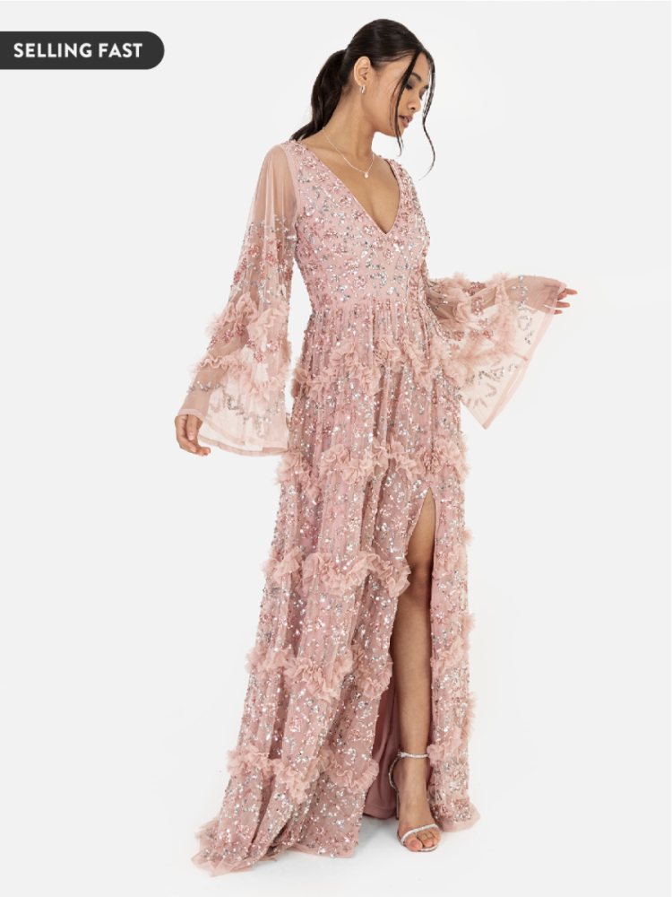 Maya Pink Fully Embellished Maxi Dress with Frill Detail 