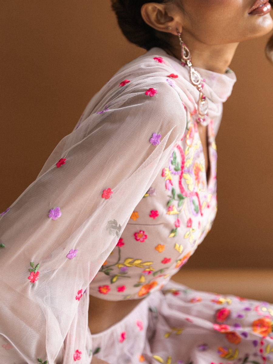 Maya Pink Floral Embroidery Lehenga Set
